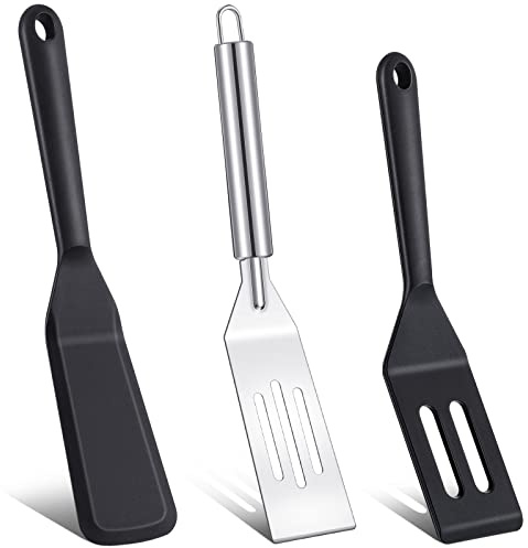 3 Pcs Small Spatula Thin Narrow Silicone Serving Spatula Kitchen Cooking Nonstick Stainless Steel Slotted Turner Pan Flipper for Egg Crepe Cake Fish Pancake Cookie
