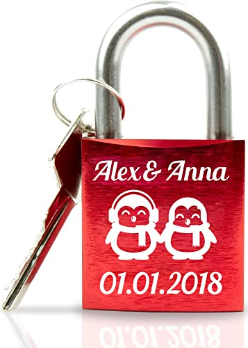 Geschenkfreude Liebesschloss mit Gravur und Schlüssel - rot - Pinguinpaar | Pärchengeschenk, Valentinstagsgeschenk, Geschenke für Paare, Liebesschloss mit Gravur, personalisiertes Liebesschloss