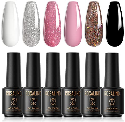 ROSALIND UV Nagellack 6 * 7ml Weiß Grau Hellrosa Braun Schwarz Glitzer Rosa Gel Nagellack Farbe Gel Set Nagelstudio Gelnägel DIY Geschenk für Frauen