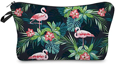 FAVORTALK Make Up Case Small Capacity Travel Cosmetic Bag Flat Portable Waterproof Polyester Skincare Bag with Beautiful Flamingo Pattern Toiletry Bags for Women B0914