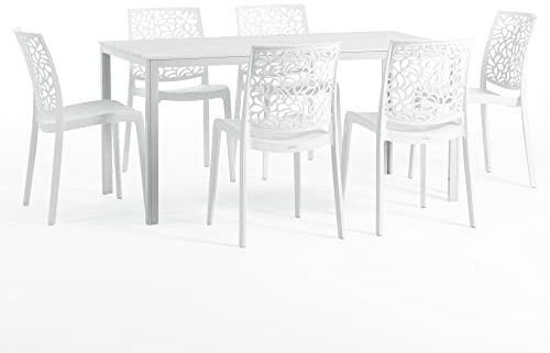 Set pranzo da giardino o esterno Bianco per 6 persone, tavolo in acciaio verniciato con doghe in polietilene effetto legno, 6 sedie in polipropilene con fibra di vetro - Thomas e Anna