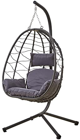 Neo Rattan Egg Chair Swing Garden Hanging Seat Hammock with Cushions Stand for Outdoor Patio Indoor (Dark Grey)