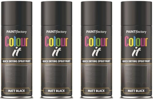 HitlineUK BLACK SPRAY PAINT - 4 X 400ML BLACK MATT PAINT DIY WOOD PAINT PLASTIC PAINT METAL BLACK SPRAY PAINT