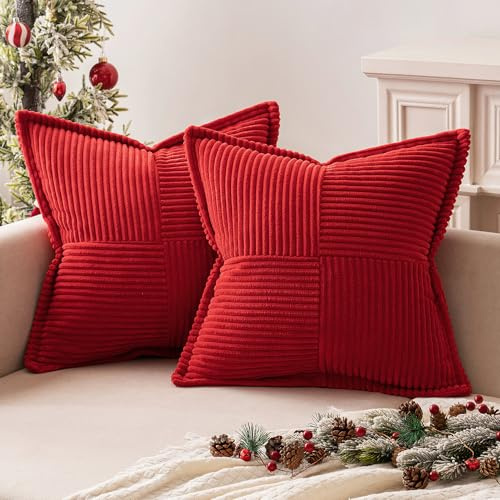 MIULEE 2er Set Kissenbezug 50×50cm Kordsamt Biese Patchwork Rot | Mit Biese und Patchwork Design formstabil farbtreu mit Reißverschluss dekorativ für Sofa Bett Gästezimmer Büro und Terrasse