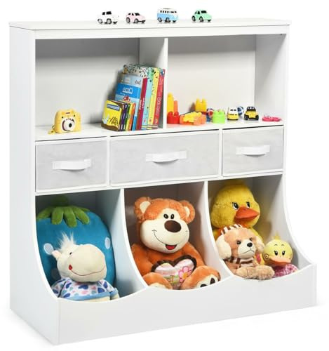 KOMFOTTEU Spielzeugregal Aufbewahrungsschrank für Bücher & Spielzeug, Spielzeugschrank mit 3 Schublade & 5 Aufbewahrungsfächer, offenes Bücherregal für Kinderzimmer Spielzimmer (Weiß)
