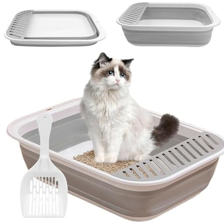 Großes Katzenklo Flacher Niedriger Einstieg Senioren mit Schaufel, Faltbares Flach Katzentoilette für Ältere Katzen, Offener Collapsible Cats Litter Box Grau, Reisetoilette Katze