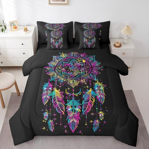 Erosebridal Dreamcatcher Comforter Set 7 Piece Bed in a Bag Twin,Bohemian Dream Catchers Bedding Sets Exotic Mandala Floral Feather Sheet Set with Comforter