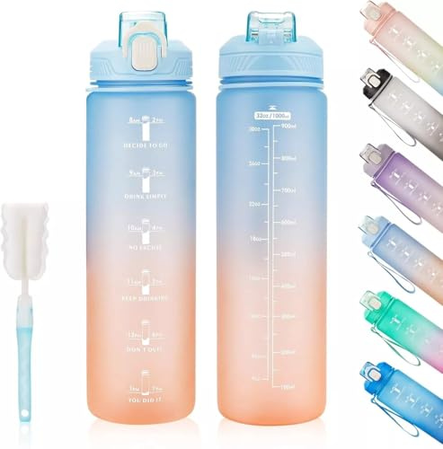 1 Litre Motivational Fitness Sport Water Bottles with Straw & Time Maker, Leakproof BPA-free WITH Carry Strap Plastic Drink Bottle 1L Design for Girls, Boy Running,cycling (Blue-Orange Gradient)