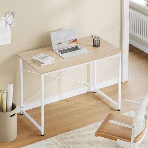 WOLTU Schreibtisch, Computertisch 100 x 50 cm, Helle Eiche+Weiß | Kompakte Kleiner Größe, mit Metallgestell, Aus Holzwerkstoff, für Homeoffice Schlafzimmer Wohnzimmer
