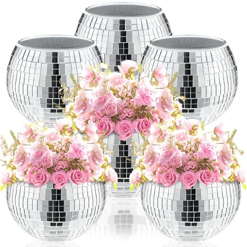 GSYUWIH 6 Pcs Disco Ball Vase, 3 x 4 Silver Mirror Plastic Vase Disco Ball Planter,Disco Ball Centerpieces for Wedding Centrepieces,Proms, Birthday Parties, Dining Tables, Bedrooms