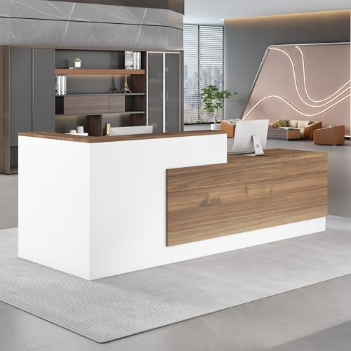 UKETO Moderne Empfangstheke aus Holz - L-Form Empfangstresen für Büros multifunktionaler Empfangstisch mit großzügigem Stauraum Geeignet für Büros Rezeptionen Hotels (rechts hoch-B, 200CM)