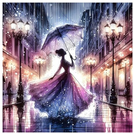 5D Diamant Painting Bilder,Dame tanzt im Regen,Diamantmalerei-Geschenke für Erwachsene und Anfänger, Vollbohrung DIY Diamant Kunst, Home Wand Dekoration,Vollbohrung Diamant Bilder für Zuhause,30x30cm