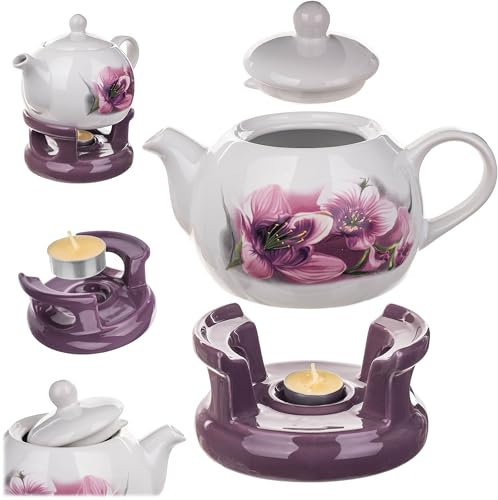 KADAX Teekanne 1L mit Stövchen Set, Kaffeekanne aus Porzellan mit Deckel, Griff und Teestövchen, Kanne mit Teelicht Wärmer für Tee, Teeservice (Weiß/Violett)