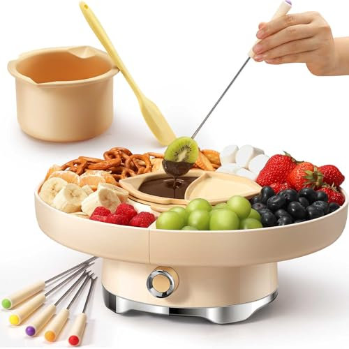 LUSHYUM Electric Chocolate Fondue Pot Set, 950 ml / 4 Cup Fondue Machine with 4 Trays, 5 Forks & Spatula, Cheese Warmer Dessert Fondue Gift Set for Couples, Families, Date Nights & Housewarming