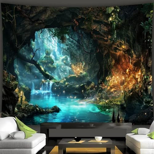 Arsey Wandteppich Magischer Wald, Mystischer Wasserfall- und Leuchtenden Pilz-Design Wandtuch, Wandteppiche Aesthetic Deko Wohnzimmer Schlafzimmer, 150x130cm