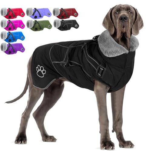 Doglay Dog Jacket Waterproof Dog Coat with Harness Built in, Christmas Puppy Winter Coat Reflective Turtleneck Puffer Snow Jackets for Small Medium Large Dogs