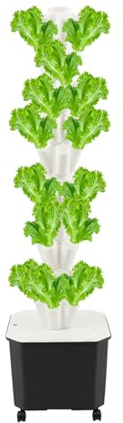 KAPIPALA 10-stöckiger Hydroponik Turm mit Rollen – 50 Pflanzlöcher HydroTower für Vertical Farming, inkl. Wasserpumpe & Wassertank für Kräuter, Salat, Erdbeeren (Weiß, 45L)