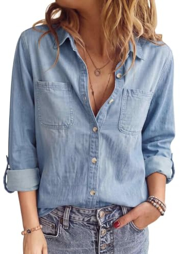 PASUDA Chemise en Jean Femme Manches Longues Élégant | Chemisier Col en V,Doux de Chemiser Denim,col Boutonnée Décontractée Tunique Top,avec Poches Poitrine