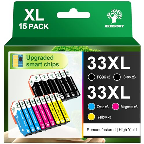 GREENSKY Cartouches d'encre Compatible pour Epson 33XL 33 XL Remplacement pour Expression Premium XP-540 XP-530 XP-640 XP-645 XP-900 XP-630 XP-7100 XP-830 (15 Pack)