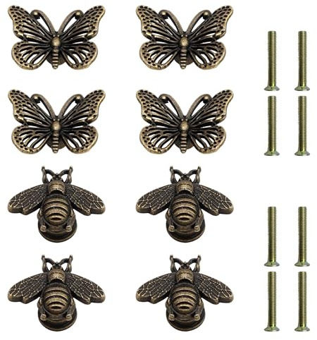 QACUU 8pcs Butterfly Bee Decorative Door Knobs for Cupboards, Vintage Drawer Knobs, Zinc Alloy Metal Drawer Handles for Wardrobe Kitchen Cupboard Cabinet Pulls Wardrobe Door and Furniture Decor