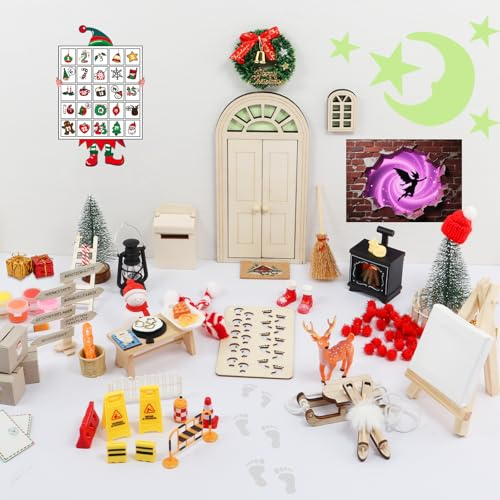 Roselee Wichteltür Set 83 Stück Wichtel Zubehör Weihnachten Wichtel Zubehör Baustelle Set inkl. Backset, Malerei, Briefumschläge, Kinderzimmer Dekoration für Weihnachten, Advent DIY