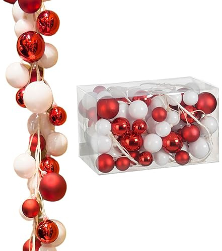 Weihnachtsgirlande 180 cm – Für Innen & Außen (Rot-Weiß) | Festliche Dekoration für Fenster, Treppen, Geländer und Garten - Girlande Weihnachten - Mit Glänzenden und Glitzernden Kugeln