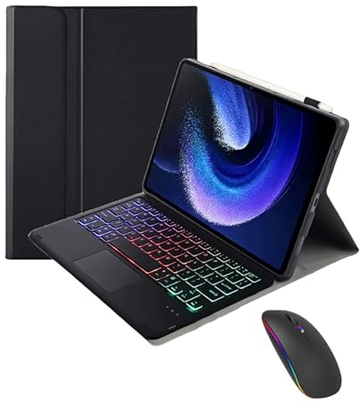 Funda con Teclado Compatible con Xiaomi Pad 7 y 7 Pro 11,2 Pulgadas 2024 y Combo de Ratón Retroiluminado en 7 Colores + Ratón RGB Compatible con Múltiples Sistemas con Protección de 360°(Black)