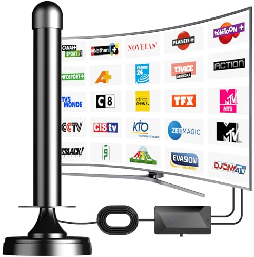 Antenne TV Intérieure Puissante avec Amplificateur de Signal à Gain Élevé - Réception 360° Longue Portée, Base Magnétique pour Fixation Facile, Compatible Téléviseurs HD/4K