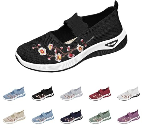 Fritidsskor dam sommar – slip-skor dam sneakers andas fritidssko bekväma joggingskor med broderade löparskor moderna sportskor halkfria sneakers, svart, 42 EU