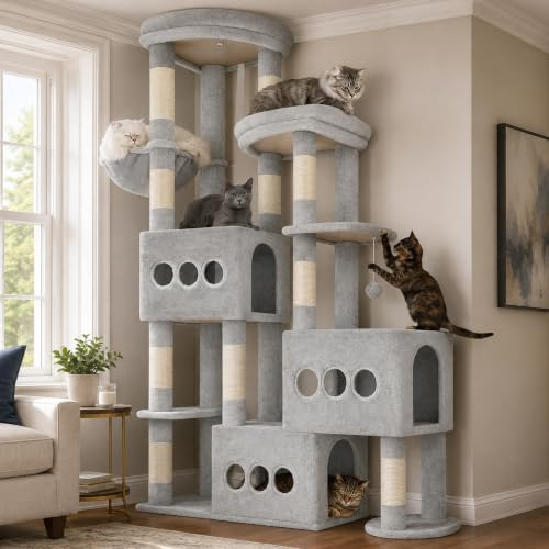 Gitelsnour Rascador para Gatos de 182 cm, Árbol rascador para Varios Gatos antivuelco y Estable con 3 Cuevas Grandes, con 3 Plataformas, Cesta Colgante y 10 Postes rascadores, Gris Claro GCT036W