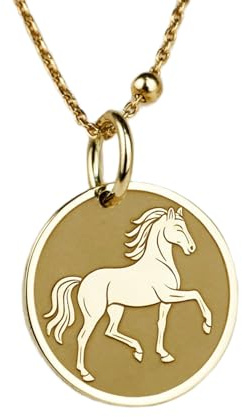 LKBEADS Collier pendentif pièce gravée du signe du zodiaque chinois Cheval, 24 mm, avec chaîne câble de 45 cm | Argent sterling plaqué or | Bijou unisexe | LK_PNDN_0293
