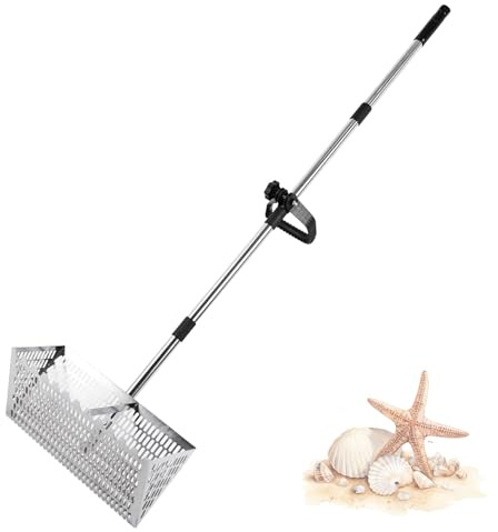 Sand Flea Rake with Anti Slip Handle, Detachable 170cm Long Handle Sand Sifter, 40cm Wide Basket Sand Sifter, 304 Stainless Steel Sand Scoop, for Beach/Camping/Parent-Child Activities