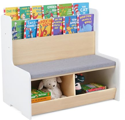 COSTWAY 3 in 1 Bücherregal Kinder mit Sitzbank, Kinderregal mit 2 Fächern & gepolstertem Kissen, Kindersitzbank in Froschform, Spielzeugregal aus Holz für Kinderzimmer, Spielzimmer (Weiß)