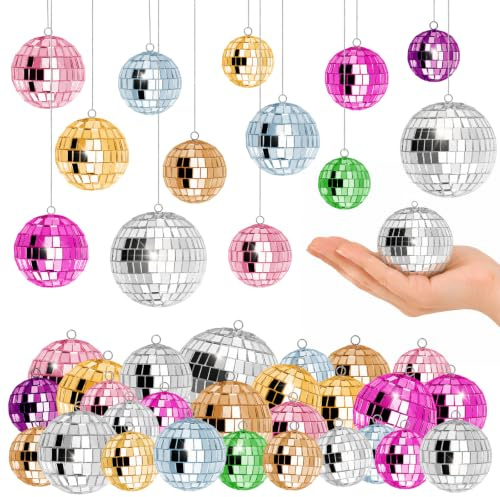 37 stycken discokula dekorationsset, 3/4/5/6 cm spegelkula set | Färgad liten discokula dekoration med 10 m rep för upphängning för julgran bröllop hemmafest födelsedagsfest dekoration