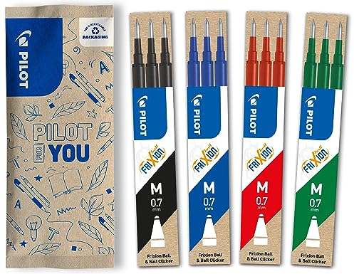 PILOT FriXion Ersatzminen 0.7 – 12 Stück, Farben Schwarz/Blau/Rot/Grün – FriXion Nachfüllminen mit radierbarer Tinte – Kompatibel mit FriXion Ball & Clicker – mittlere Stärke – Gel-Tintenrollermine