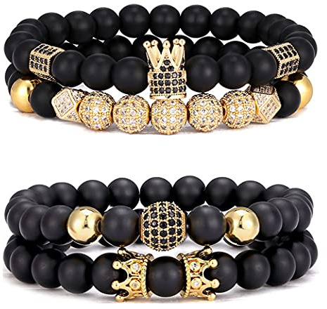 SONNYX 4Pcs 8mm Crown King Charm Beads Bracelet for Men Women Natural Black Matte Onyx Stone Beads Elastic Adjustable