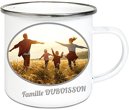 Ocadeau Tazza smaltata personalizzata con foto – Tazza in metallo vintage con bordo argento – Mug retrò da personalizzare per campeggio
