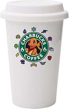 Getagift charbucks Coffee Poke Dual Wall Eco Insulated White Ceramic Travel Mug with White Lid.
