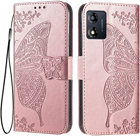 EASSGU Funda para Motorola Moto E13 (6.5 Inches) Flip Folio Carcasa Magnética de Cuero para Teléfono con 3 Ranuras para Tarjetas 1 Wallet, Case - Oro Rosa