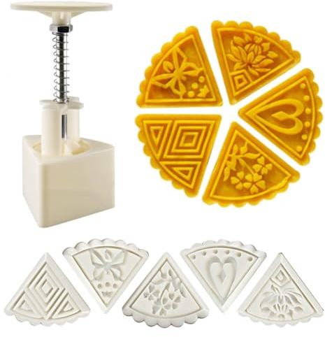 Surakey Mooncake Mould with 5PCS Mode Patterns Hand Pressed Moon Cake Mould Fan Shaped Mooncake Mould 50g Triangle Mooncake Stamping Mould for Holiday DIY Dessert Baking Tools