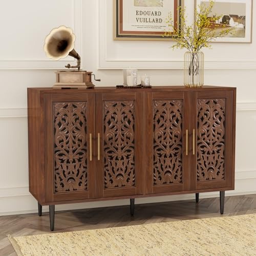 HOLTICO Sideboards for Living Room, Wooden Sideboard Storage Cabinet with 4 Hollow Carved Doors, Brown Vintage Buffet Cabinet for Dining Room, Living Room, Hallway