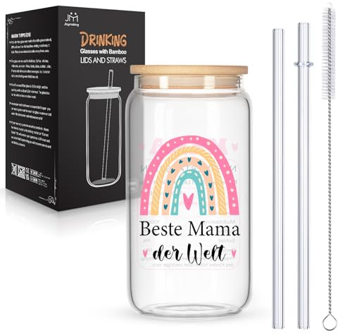 Joymaking Trinkgläser mit Deckel und Strohhalmen für Eiskaffee Cocktails Fruchtlikör Eistee 17oz, Longdrinkgläser Geschenke für Mama, Beste Mama Geschenk, Muttertagsgeschenke