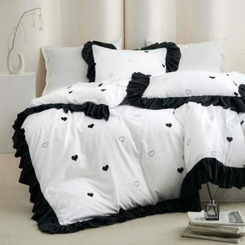 Covebett Bettwäsche 135x200 Herzen Schwarz Weiß mit Rüschen Romantische Bettwäsche Set Herzchen Herz Schwarz Weiss Renforce Mikrofaser Einzelbett Bettbezug und Kissenbezug 80x80cm Reißverschluss