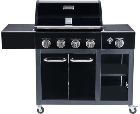 Arsard Barbecue a Gas Professionale XXL Con 5 Fuochi Multifunzione Da 16 KW, Completo Di Bruciatore Laterale, Coperchio, Termometro, Griglia In Ghisa, Ruote, Portabombola E Struttura In Acciaio Inox