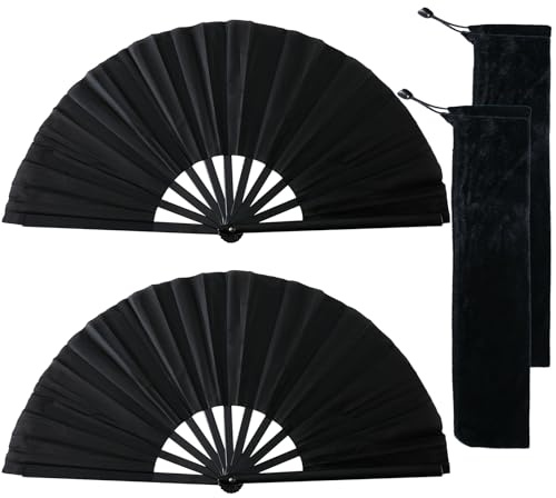 2PCS Grande Ventaglio Nero, Ventaglio Grande in Seta, Ventagli Pieghevoli Nero, Ventaglio a Mano Pieghevole, Ventagli a Mano grande, Ventaglio pieghevole da borsetta,per Ballo, Regali di Nozze