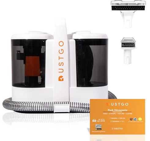 DUSTGO - Shampouineuse Canapé Tissu, Nettoyeur pour Tapis & Moquettes, Moteur 600W, Compact et Portable, Nettoyeur Voiture, Réservoir Amovible, Pour Meubles, Escaliers, Tissus d’Ameublement