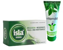 isla® Pastiglie al muschio – 120 pezzi con una crema per le mani di Vitenda per problemi di gola e voce, con estratto di muschio islandese
