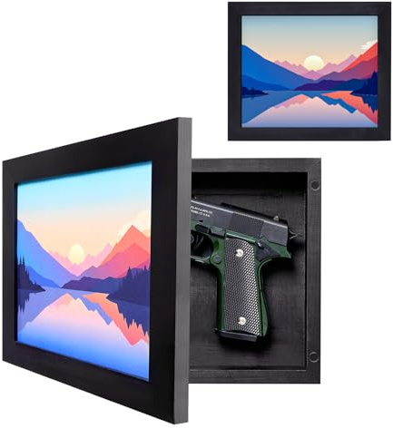 Dononr Hidden Gun Storage, Hidden Gun Safe for Pistols with Magnetic, Wooden Picture Frames for Handgun, Hidden Storage Gun Safe Home Furniture, Concealment Furniture Picture Frame Box, Black