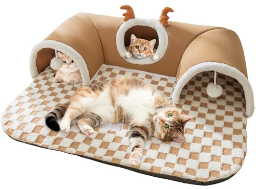 Fuerdich U-Shape Cat Tunnel Bed for Indoor Cats, 65x40 cm, with Memory Foam & Thermal Fleece Detachable Zipper Design Anti-Slip Base Cat Toys Cave for 2 Cats