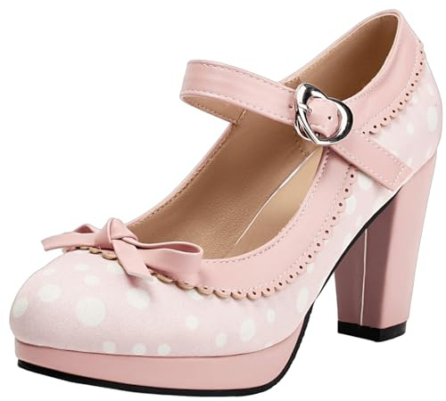 DINTAHA Pink Denim Polka Dot High Heels with Bow, Chunky Platform Mary Jane Heels for Women, Block Heeled Pumps with Ankle Strap Kawaii Shoes